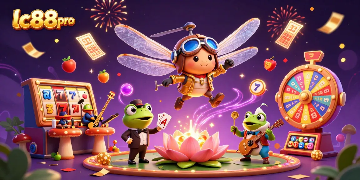 Experience thrilling slots and casino action with lc88pro's vibrant 3D illustration featuring unique gaming characters.