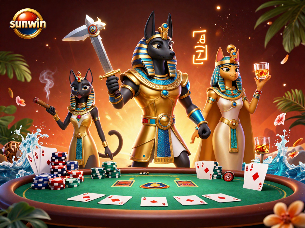 Experience the thrill of sunwin as Anubis and Bastet dominate the poker scene with gold and lush elements.