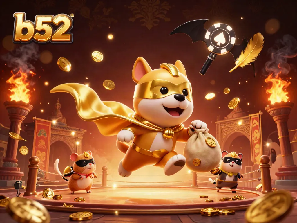 Experience the excitement of b52 with a superhero dog and hamster flying through a dynamic casino scene.