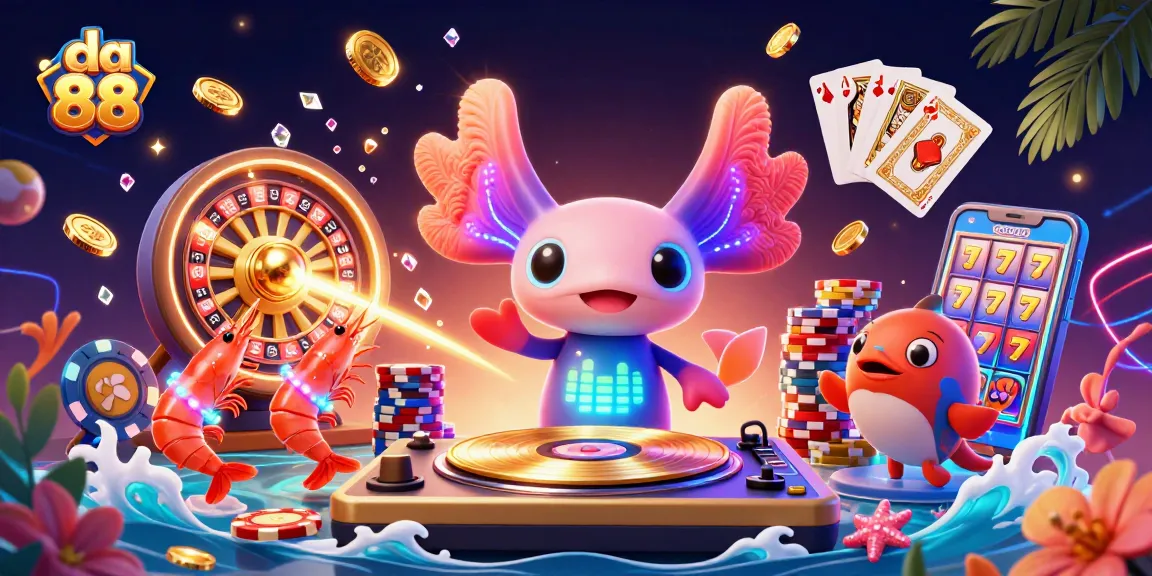 Engage with da 88 in a vibrant casino scene featuring a neon axolotl DJ, golden coins, and a lively atmosphere.