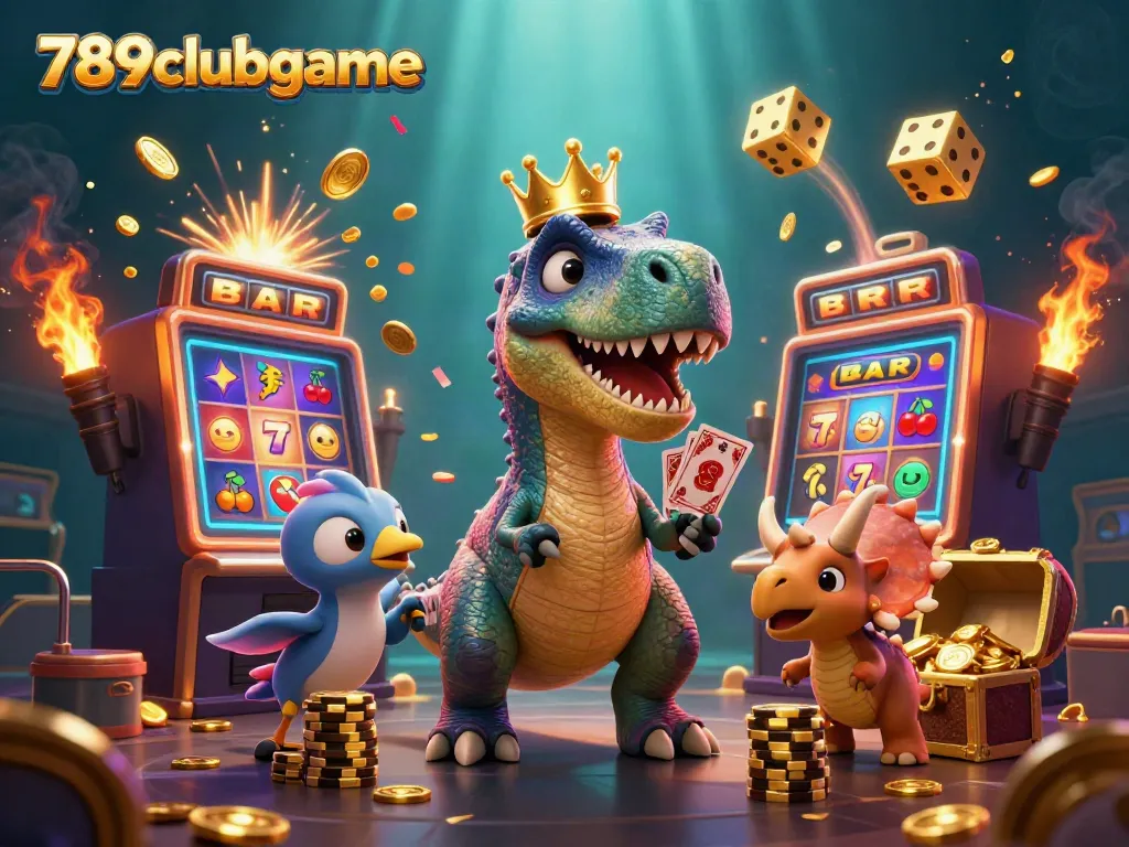 Engage with the thrilling fun at 789clubgame, featuring a playful T-Rex and friends in a vibrant casino scene.