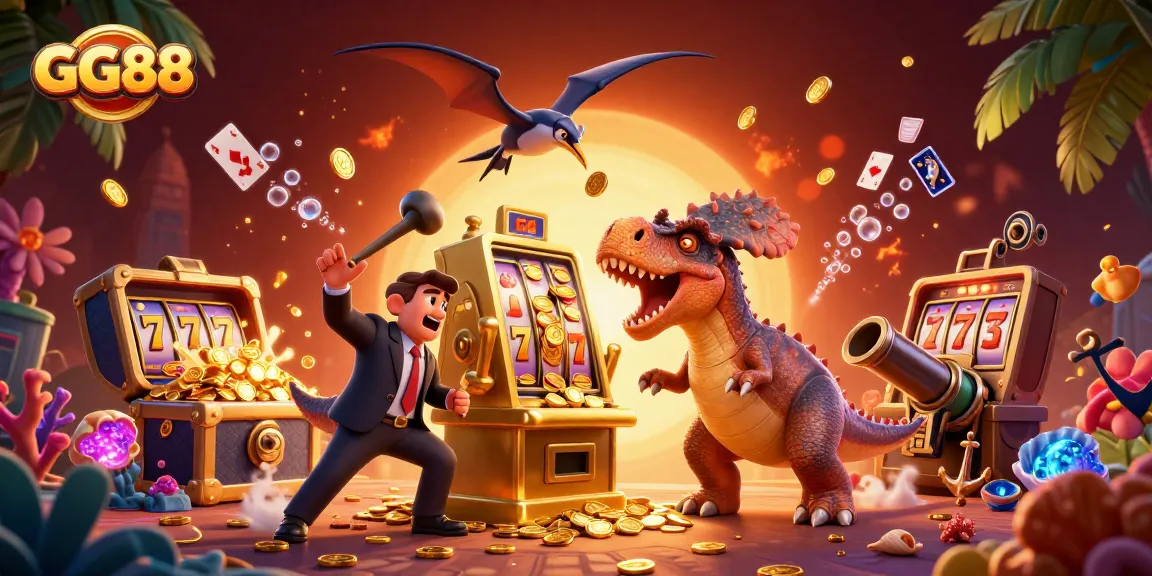 GG88 jackpot celebration scene with dinosaurs, vibrant coin explosion, and dynamic slot machine.