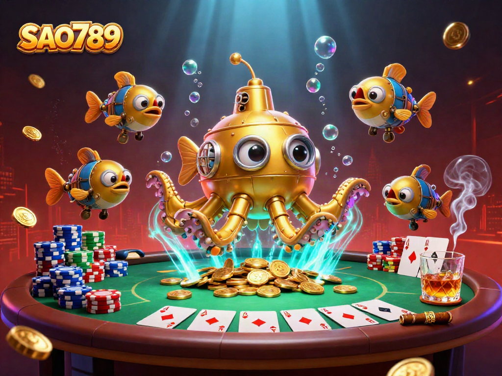 SAO789 showcases a vibrant underwater casino adventure with a golden kraken and casino elements.