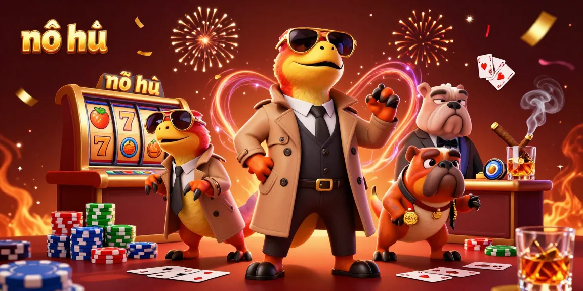 Nổ hũ gameplay featuring three cartoon raptors in disguise entering a VIP section of a casino embellished with dynamic slot elements and festive confetti.