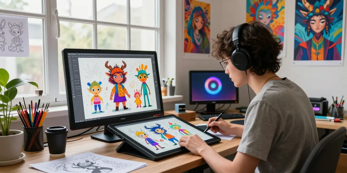 AI slut character design in vibrant creative studio, artist illustrating with tablet