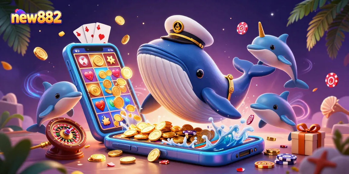 Win big at new882 with a vibrant scene of a whale and dolphins in a thrilling casino adventure.