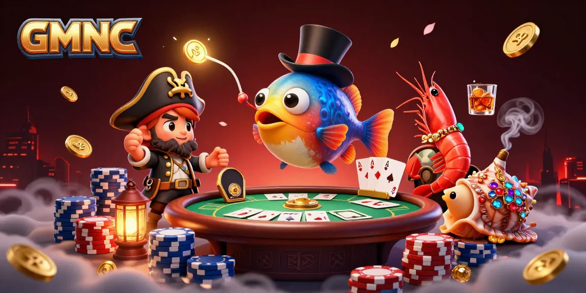 GMNC anglerfish enticing golden coins with a poker scene, showcasing vibrant casino elements.