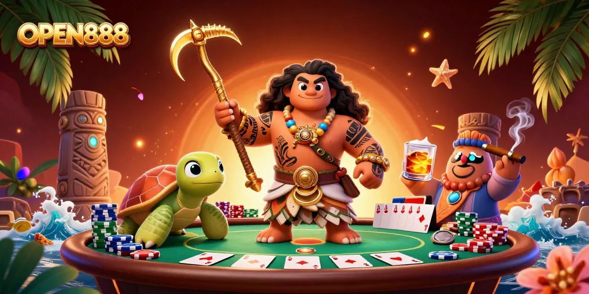 Experience winning moments at OPEN888 with vibrant poker action and tropical elements in an exciting casino scene.