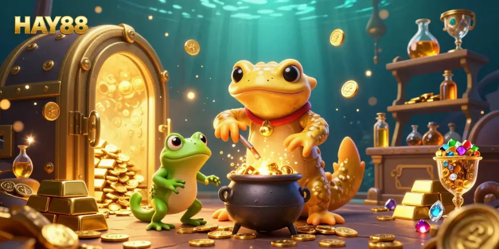 Experience the vibrant world of HAY88 with a magical alchemist scene transforming base metals into gold.