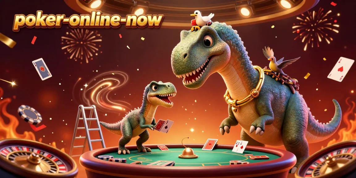 Engage in thrilling poker action at poker-online-now under a whimsical dinosaur backdrop.