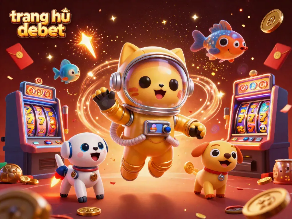 Engage with the immersive world of trang chủ debet through a dynamic 3D casino illustration filled with casino game elements and vibrant characters.