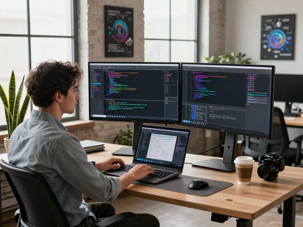 Dynamic software development workspace featuring https://net88.se.net with dual monitors displaying code, a laptop design interface, and a modern office setting.