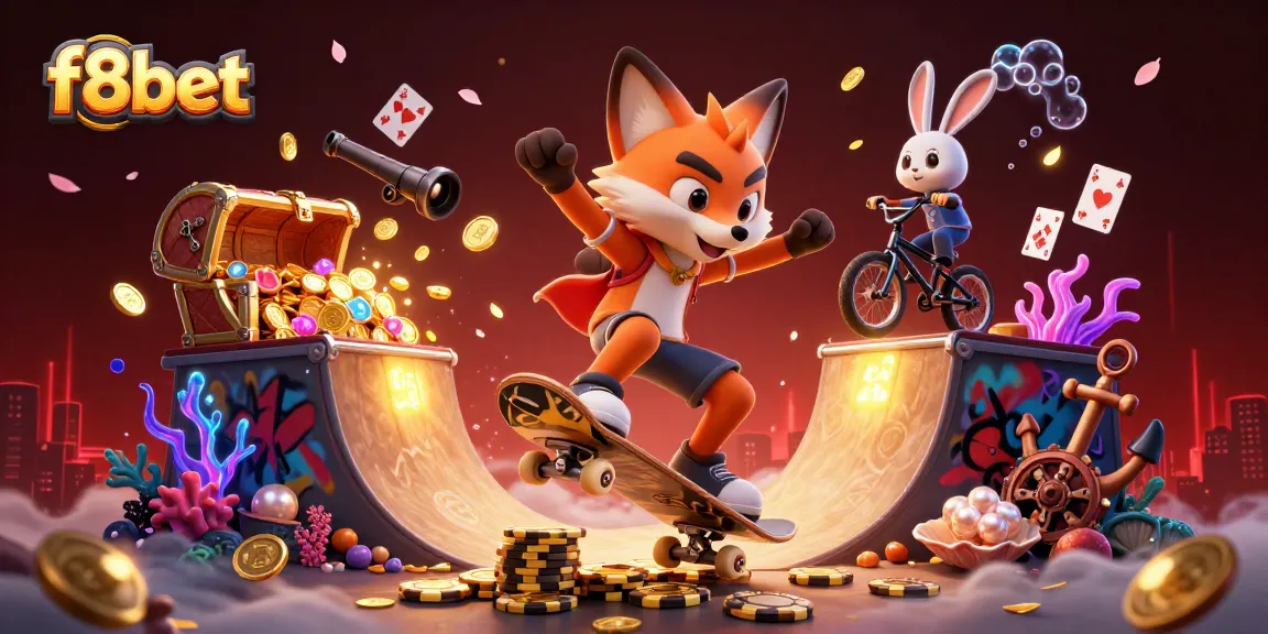Play slots and win at f8bet with dynamic characters in a casino-themed 3D illustration.