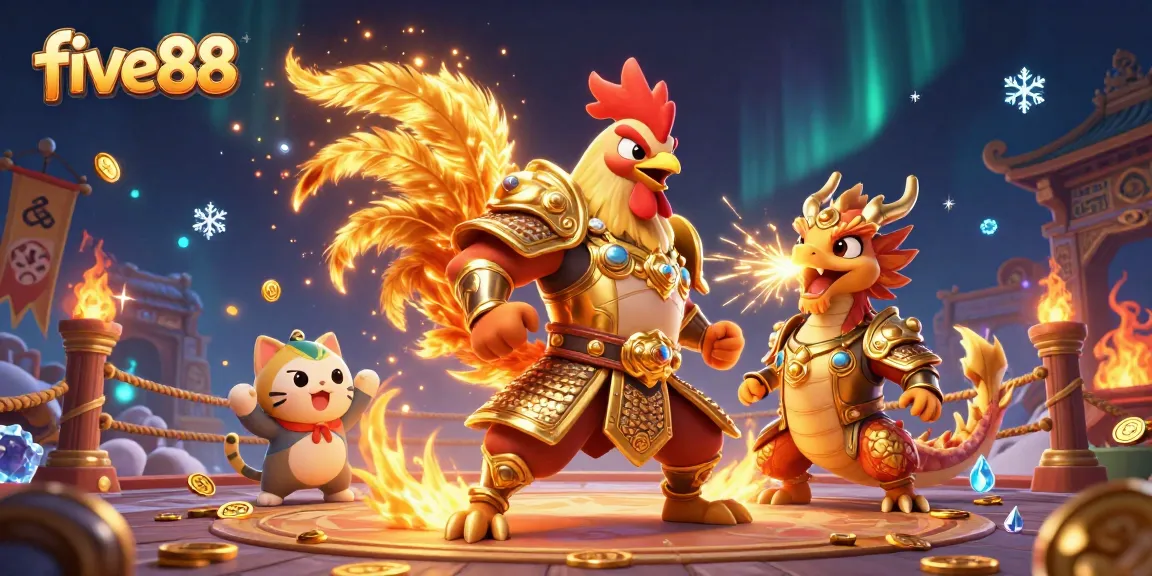 Engage with five88's thrilling atmosphere through this colorful 3D depiction of a powerful warrior rooster in a casino setting.