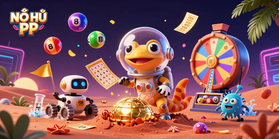 Engage with NỔ HŨ PP as a Martian gecko reveals a hidden golden casino amidst vibrant slot game elements.