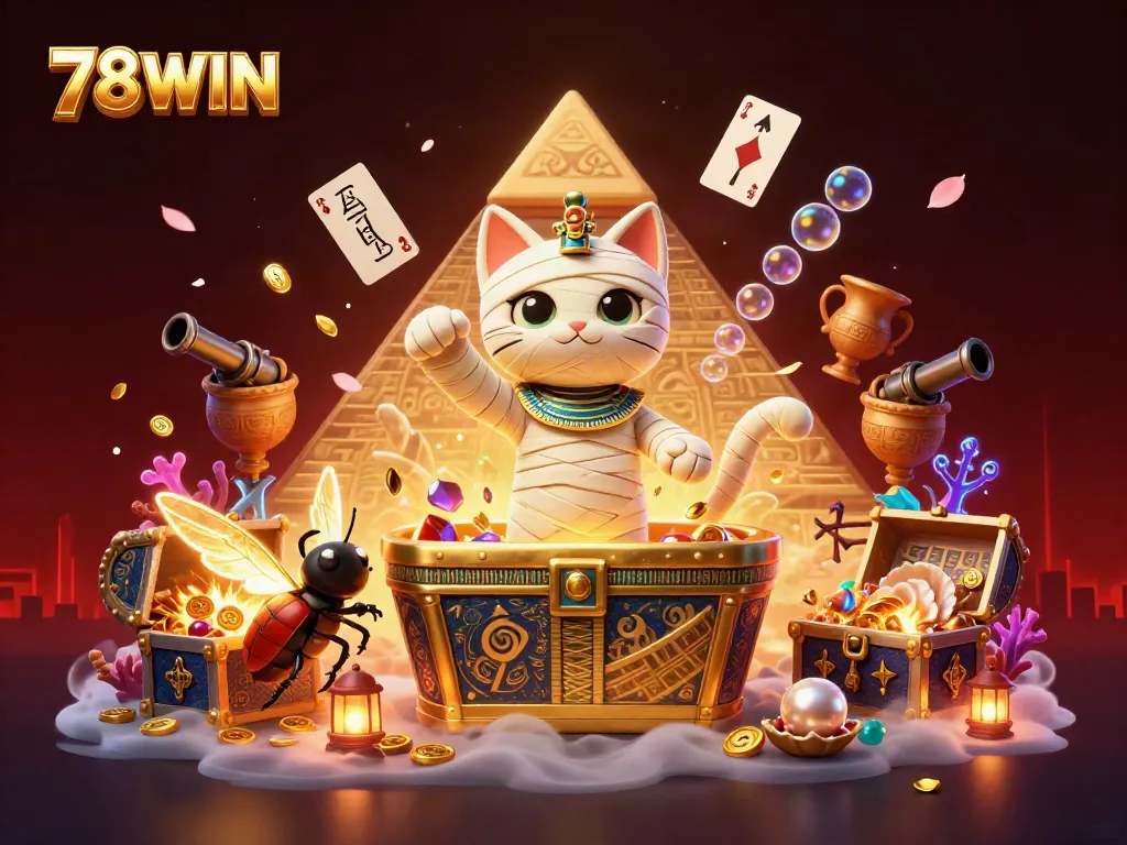 Experience vibrant gaming with 78WIN featuring an Egyptian mummy cat soaring through a golden casino.
