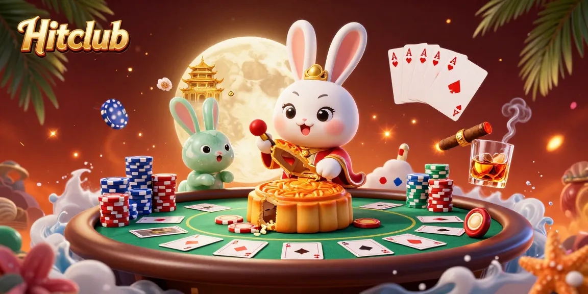 Hitclub features an enchanting scene of a moon rabbit surrounded by poker elements, embodying a thrilling casino atmosphere.