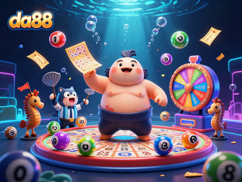 Engage with da88 lottery excitement showcased by a lively underwater scene filled with dynamic characters and colorful elements.