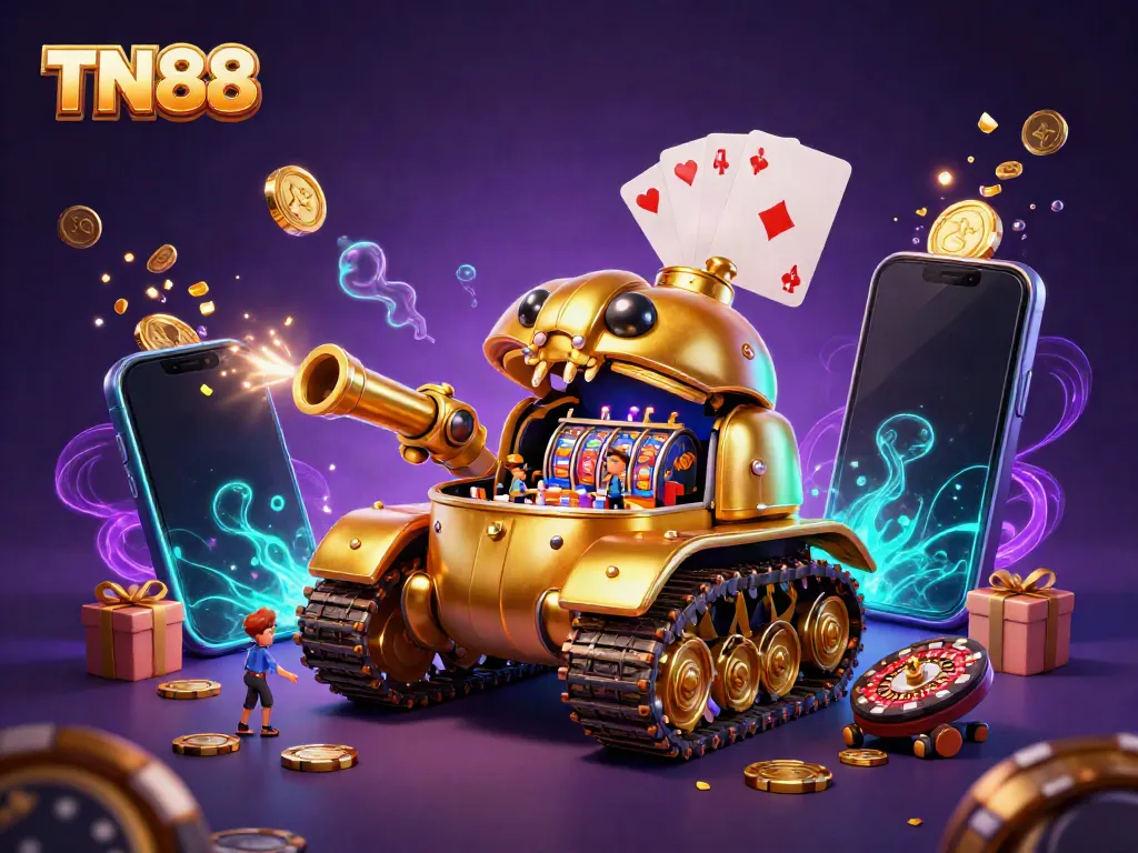 Experience thrilling gaming action with TN88's vibrant casino in a golden beetle tank