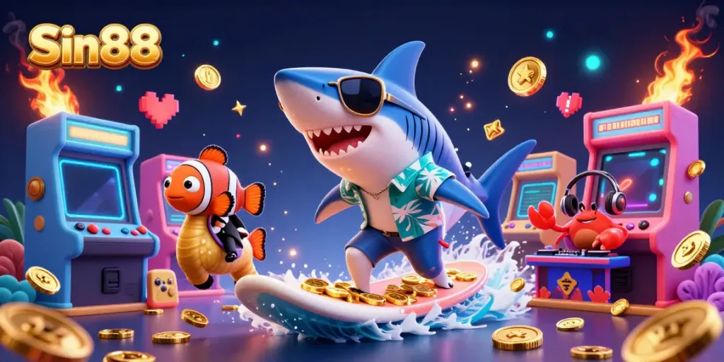 Experience thrilling gameplay at Sin88 with a shark surfing on gold coins, surrounded by colorful arcade elements.