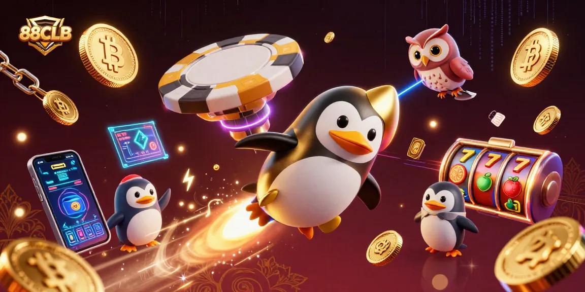 88CLB casino action featuring a golden penguin and digital crypto elements in 3D space.