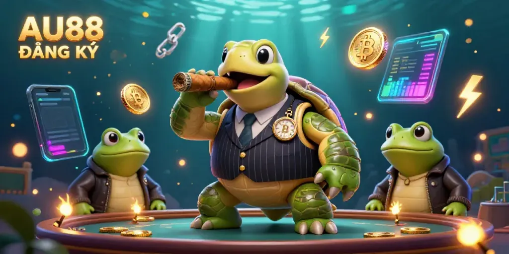 Engage with exciting AU88 ĐĂNG KÝ experience featuring a cartoon turtle mobster and neon crypto coins.