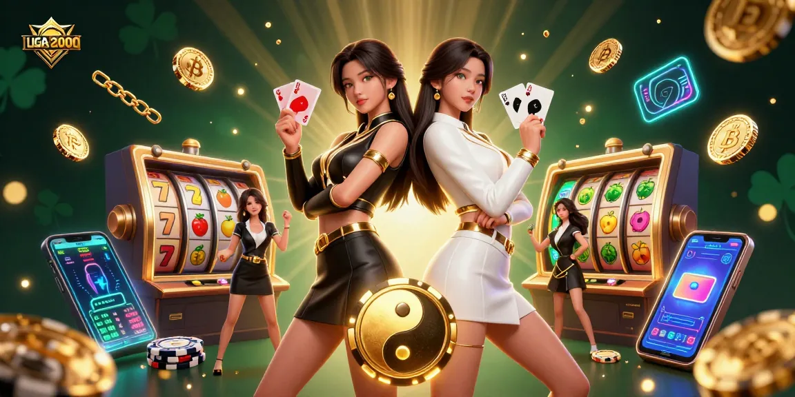 Terlibat dengan pengalaman kasino menegangkan LIGA2000 yang menampilkan kembar dengan kartu berwarna-warni di tengah elemen slot dan kripto.