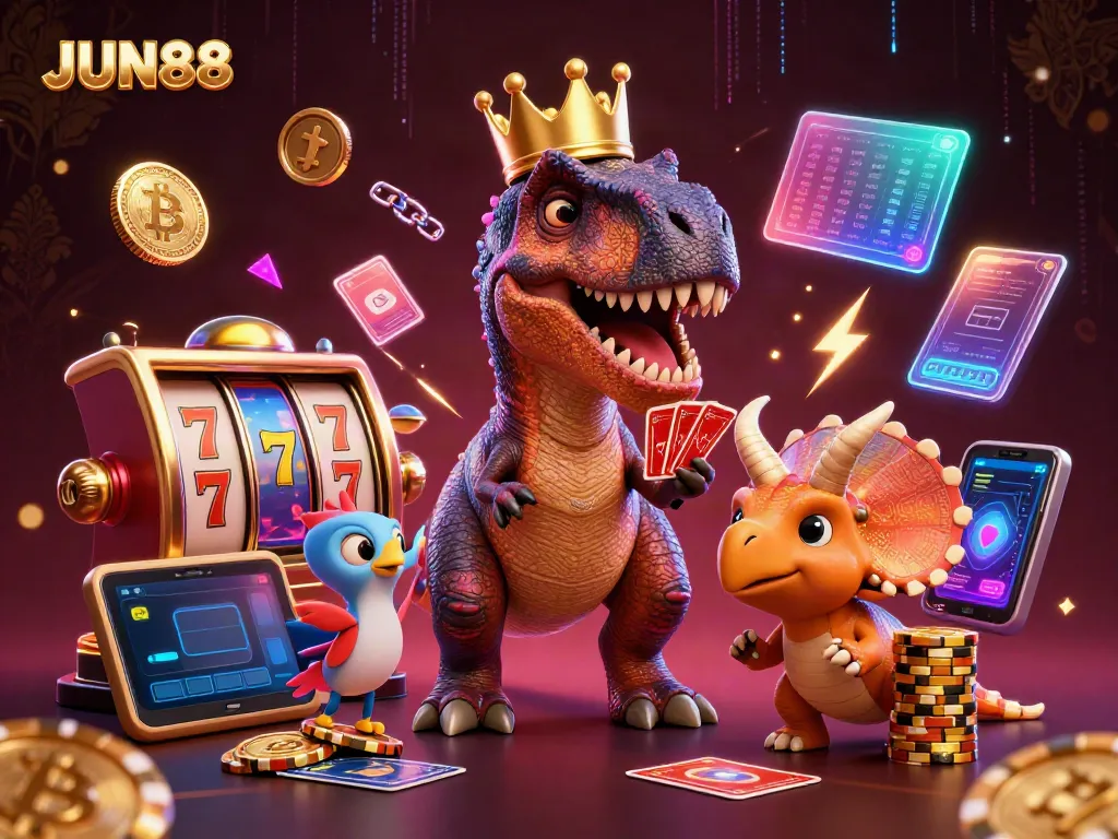 Engaging illustration showcasing JUN88 with a friendly dinosaur as a dealer in a colorful casino scene.