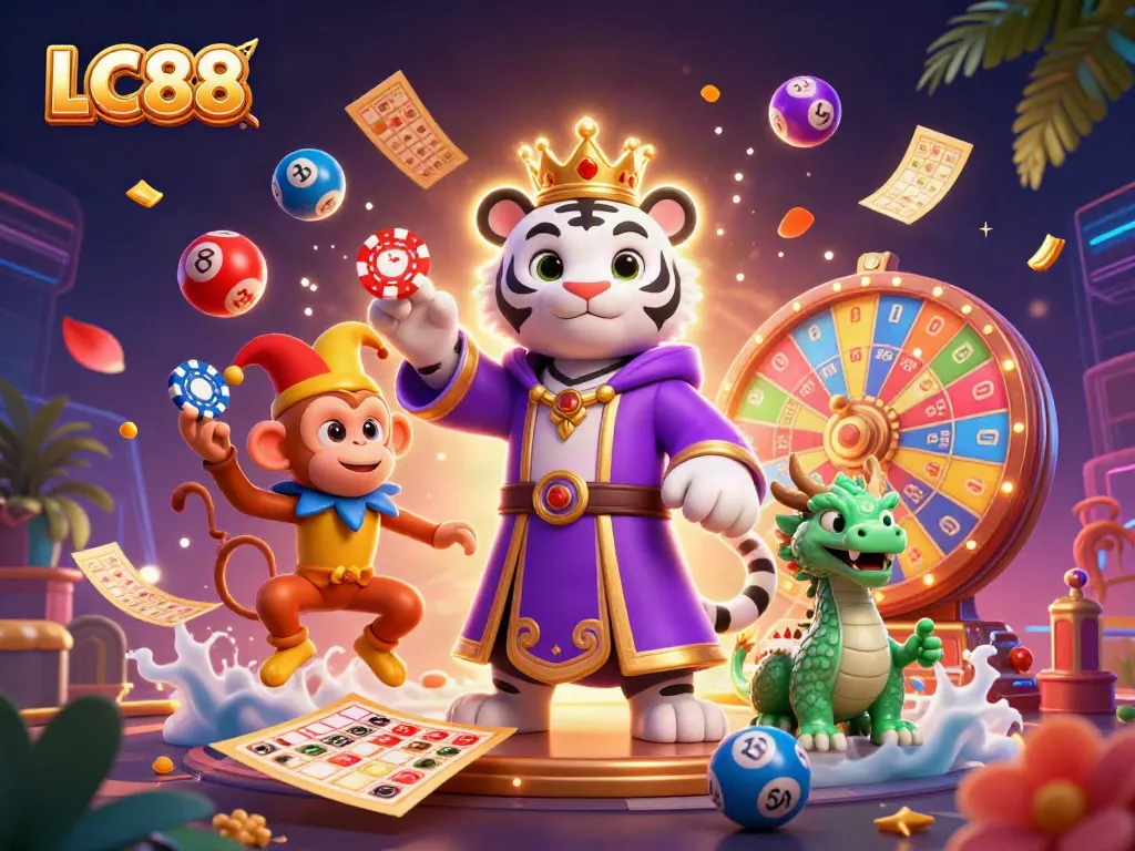 Win big with LC88 in this vibrant 3D casino illustration showcasing lottery and game excitement.
