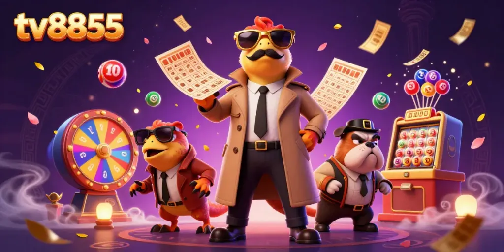 Engage with thrilling entertainment at tv8855 with colorful lottery elements and lively cartoon characters.