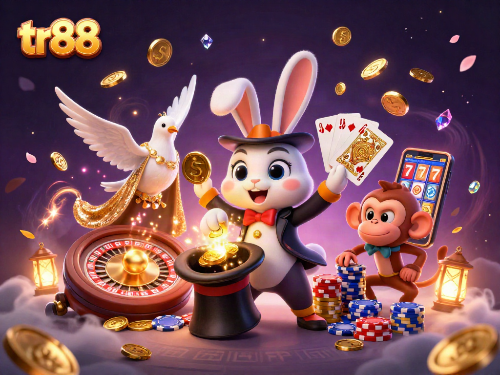Tr88 magician rabbit conjures winning coins with dazzling casino elements in a vibrant scene.