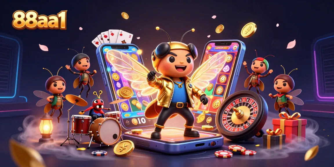 Engage with the vibrant world of 88aa1 featuring a dynamic 3D casino illustration packed with exciting game elements.