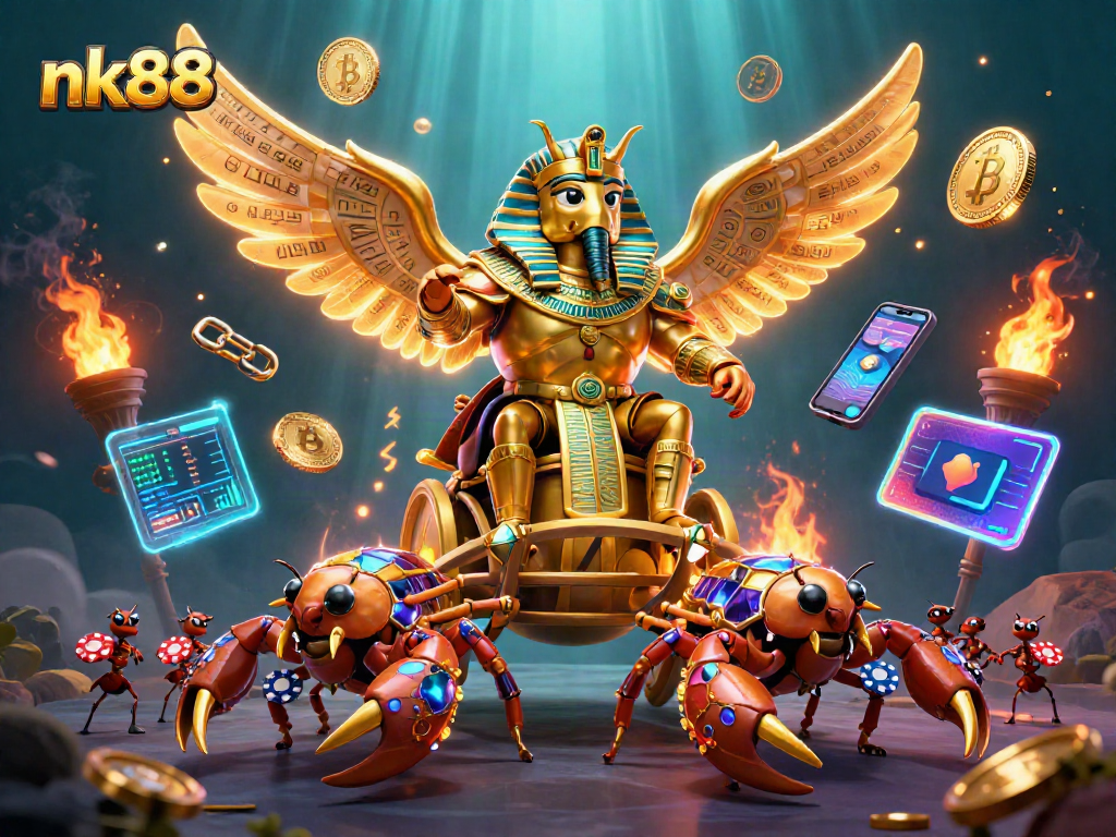 Engage with nk88's exciting casino gaming world, featuring a golden scarab beetle and energetic casino elements.