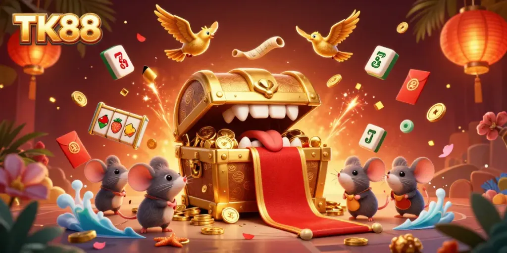Engage with TK88's exciting slot action illustrated with golden treasures and vibrant casino elements