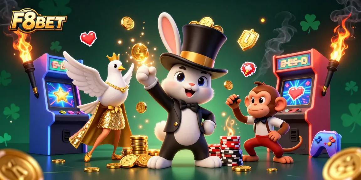 Experience thrilling casino action with F8BET in this vibrant 3D illustration featuring playful characters.