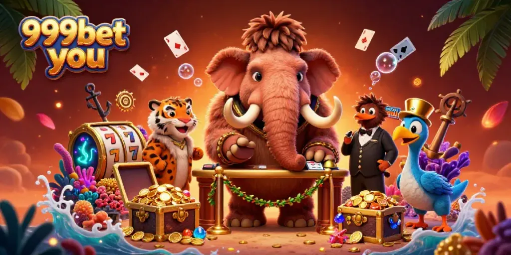 Experience the excitement of 999bet you with a vibrant casino-themed 3D scene filled with colorful characters and game elements.