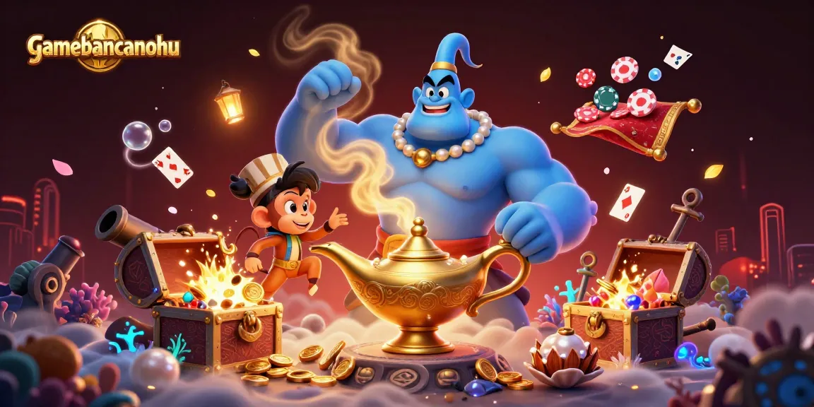 Experience gamebancanohu with dynamic casino action, featuring a genie, monkey, and poker chips.