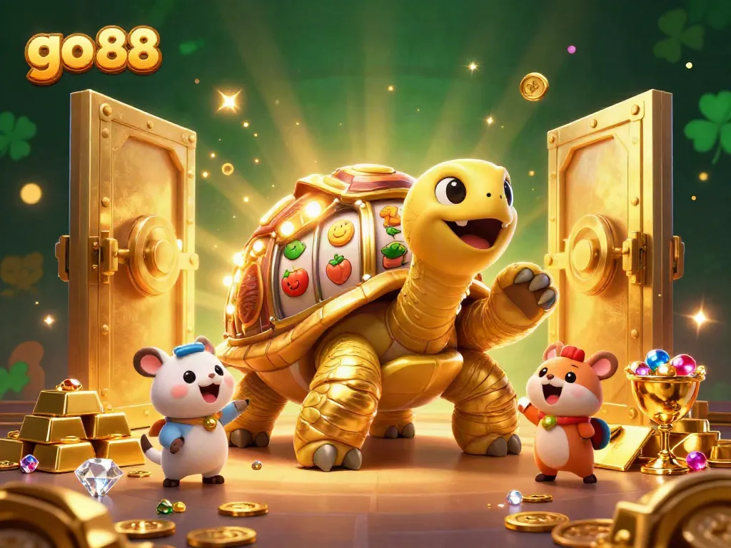 Experience excitement with go 88 in a vibrant animated casino scene, featuring a golden tortoise slot machine.