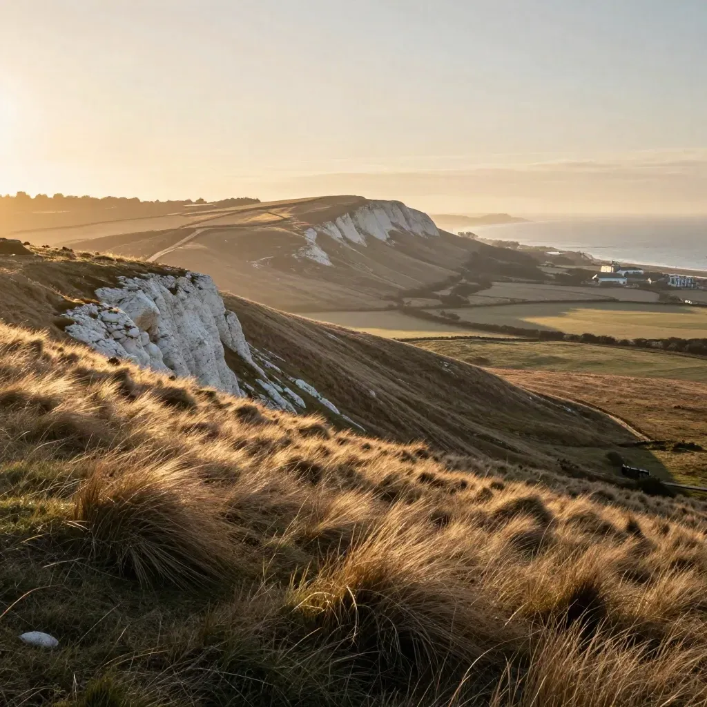 Golden chalk downs above the Brighton coast with sea haze and open space below