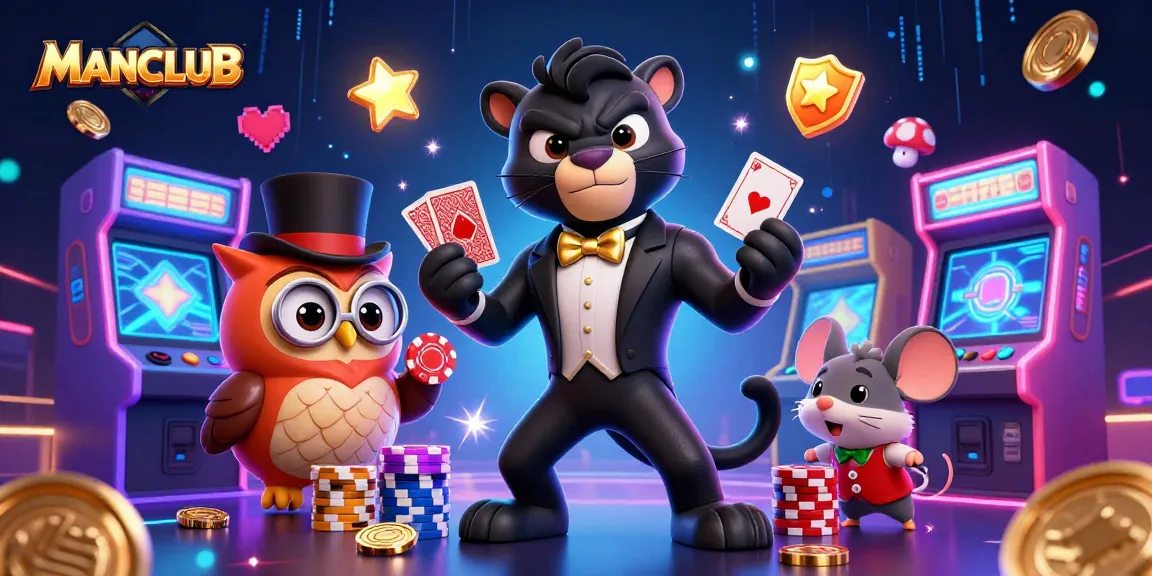 Engage in thrilling card games at MANCLUB with a stylish panther dealer, owl, and mouse surrounded by vibrant casino elements.