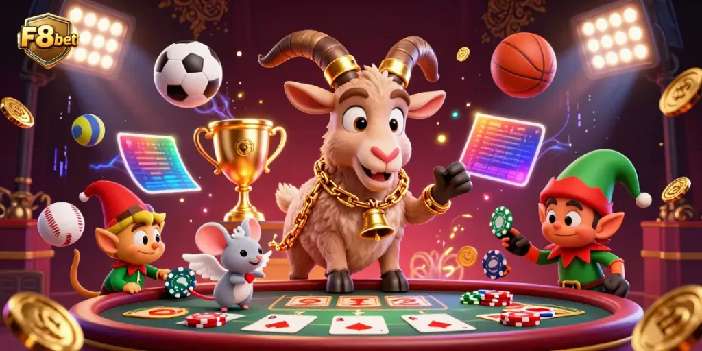 F8bet evokes excitement as a festive Krampus goat manages a bustling casino alongside a diligent angel mouse and mischievous elves.