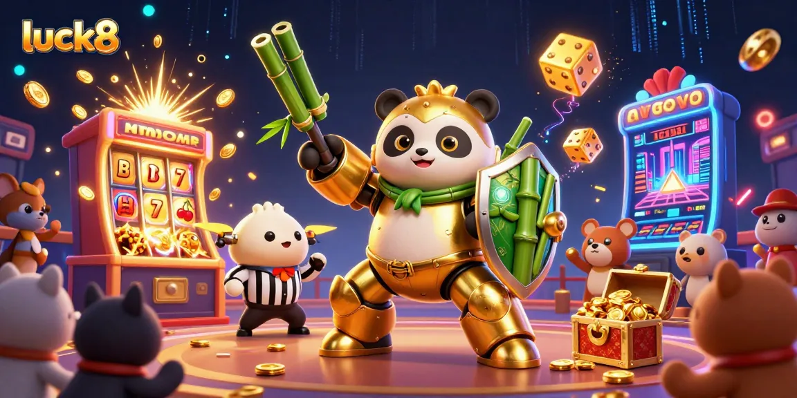 Experience the excitement of luck8 gaming with a dynamic 3D panda in a vibrant casino scene.