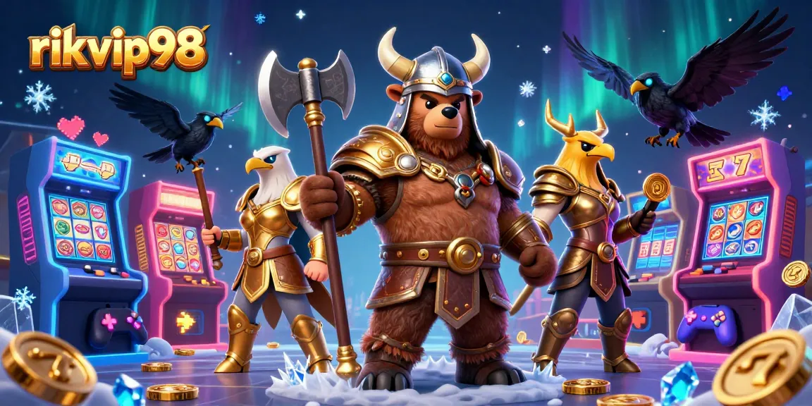 Engage in vibrant slots action with rikvip98, featuring Viking characters and dynamic gaming elements.
