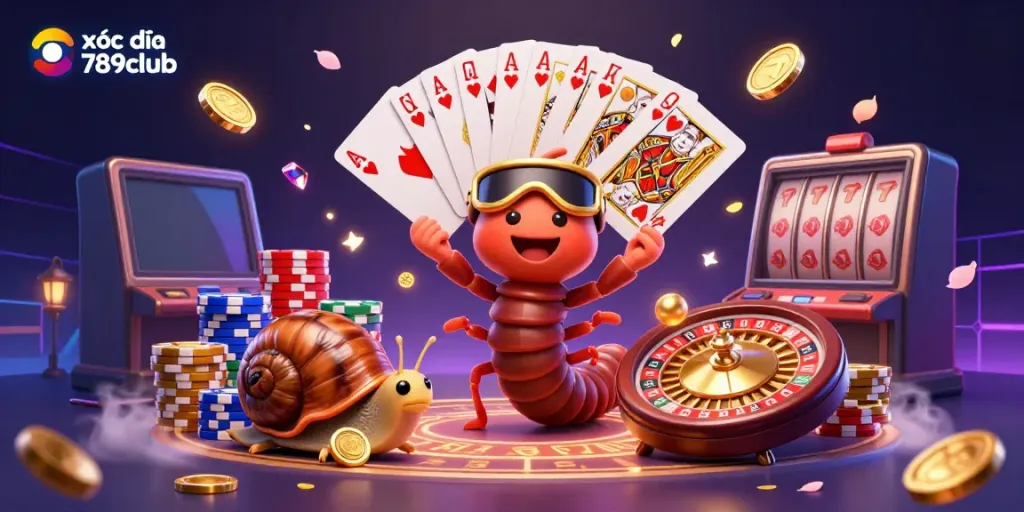Experience the excitement of xóc đĩa 789club with this vibrant 3D illustration featuring card games and high rollers.