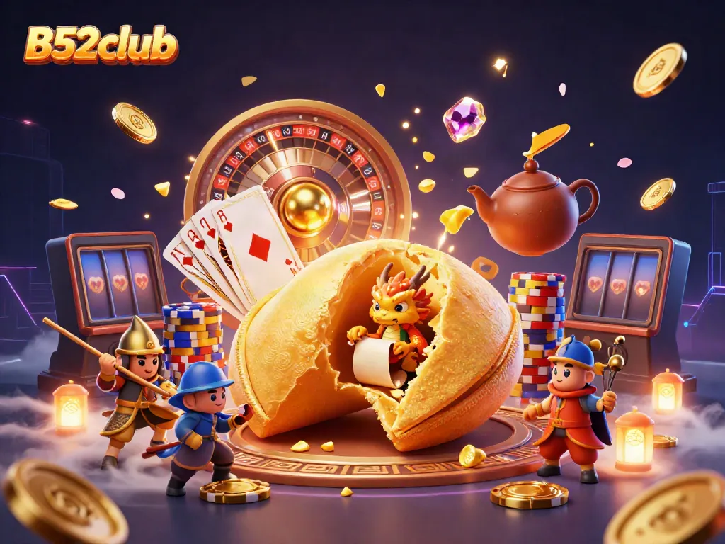 Engaging visual of B52club showcasing a golden fortune cookie and playful casino elements for online gamers.