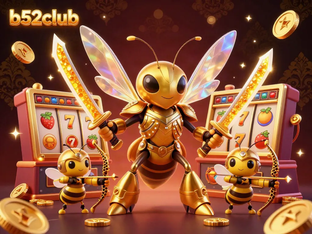 Experience thrilling gameplay with b52club's vibrant 3D illustration showcasing a hornet warrior and dynamic slot elements.