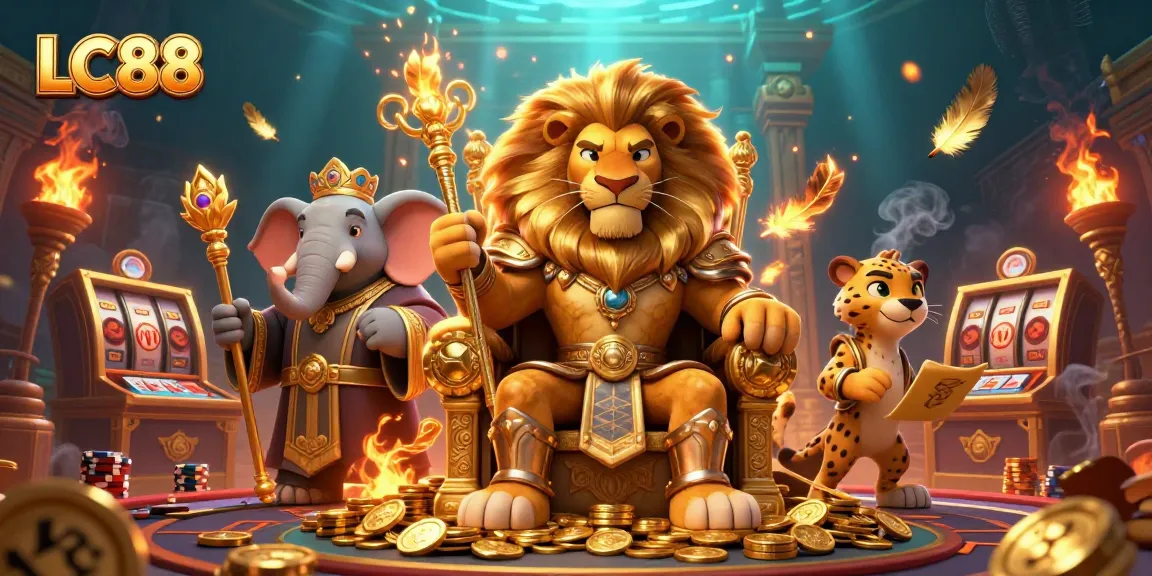 Experience thrilling games at LC88 with a lion king, wise elephant, and fast cheetah among casino decor.