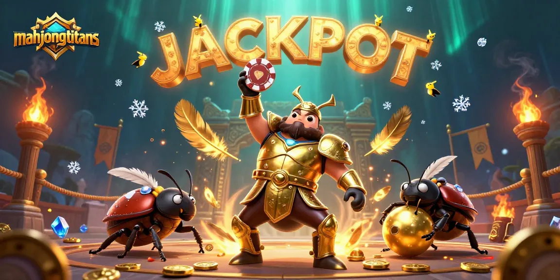 Engage in mahjongtitans with a victorious beetle champion, golden chips, and dynamic casino elements.