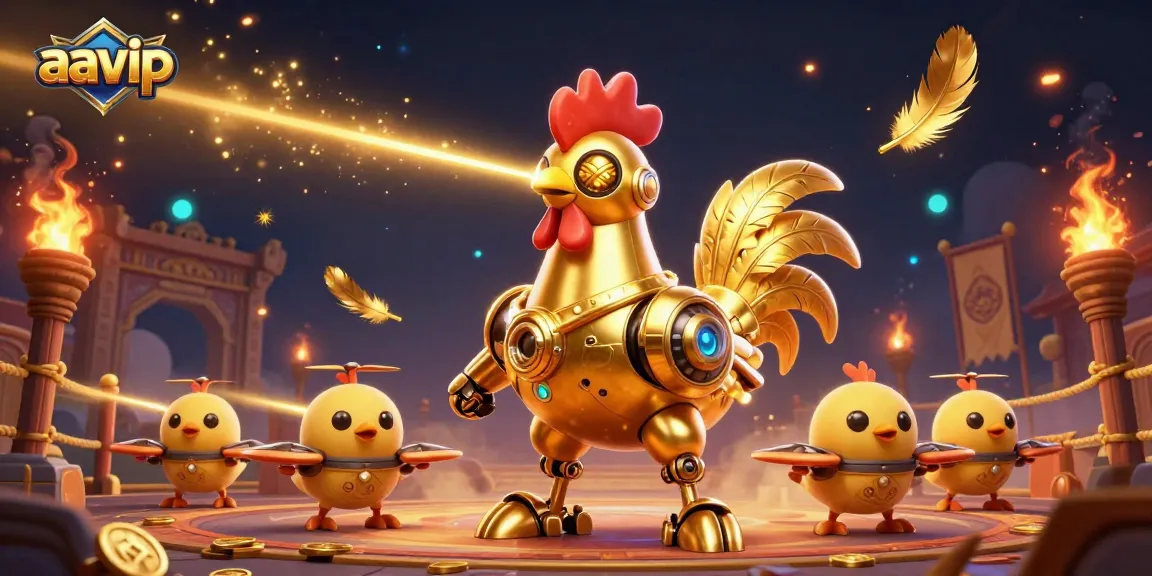 Aavip's golden rooster robot dazzles in a dynamic 3D scene, showcasing exciting casino elements.