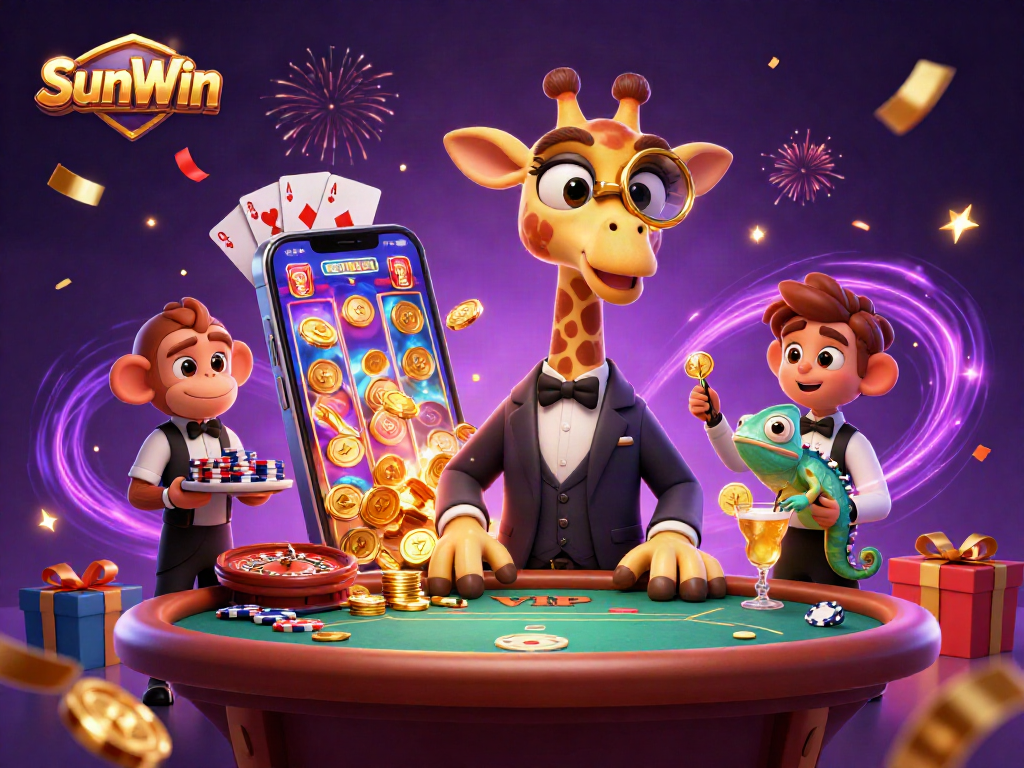 Engage with SunWin's vibrant gaming scene featuring high-roller characters at an exciting casino.